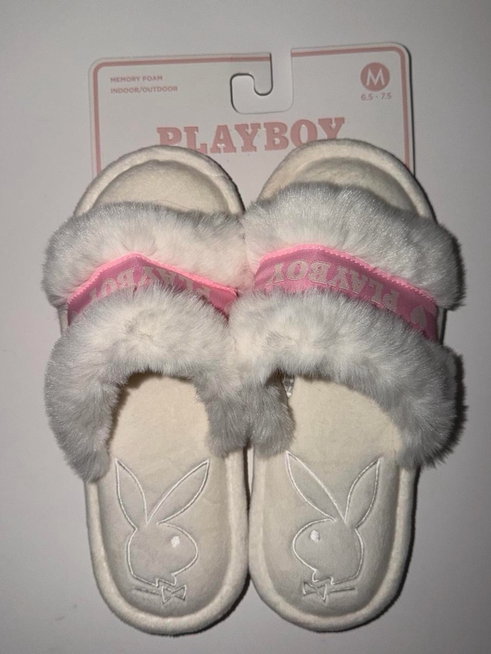 Playboy White & Pink Fuzzy Slide Slippers women size medium
